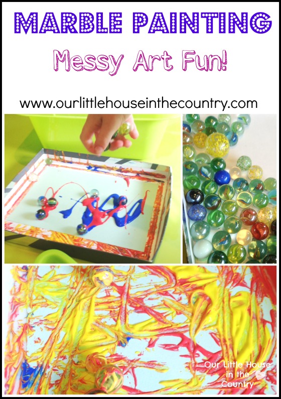 Marble Painting - Messy Art Fun, perfect for a rainyday - Our Little House in the Country #kidsactivities #marblepainting #rainyday #messyplay #kids