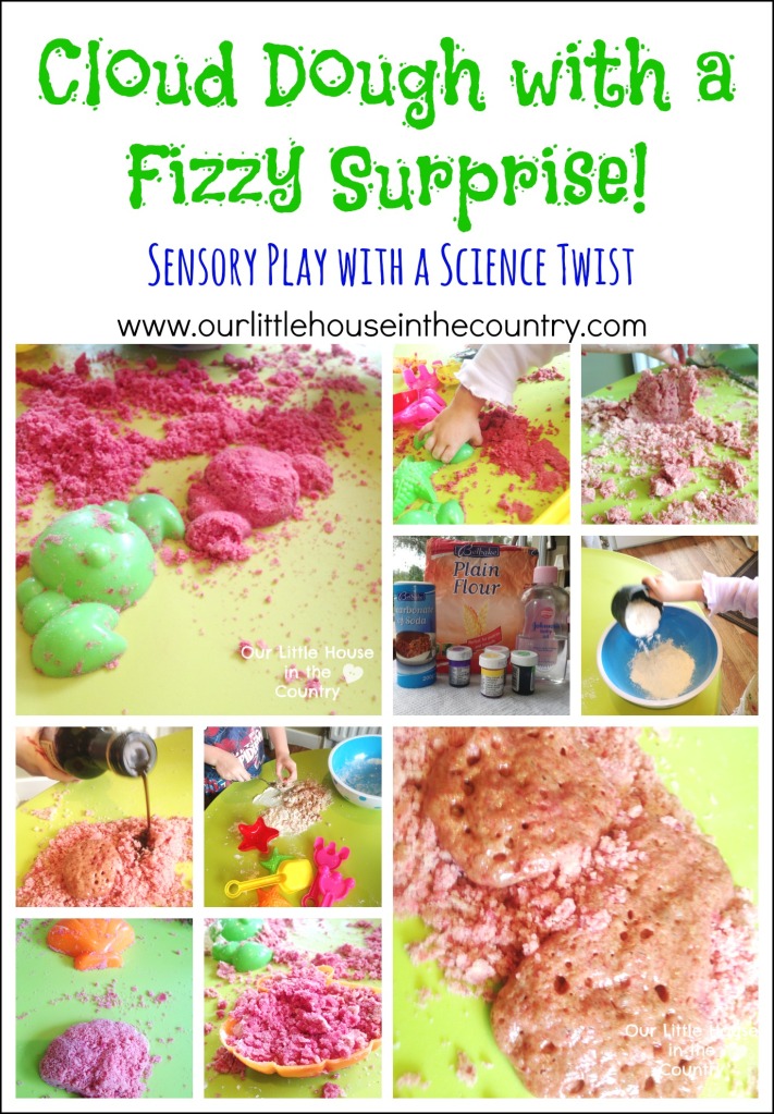 Cloud Dough with a Fizzy Surprise -Sensory Play with a Science Twist - Our Little House in the Country #semsoryplay #clouddough