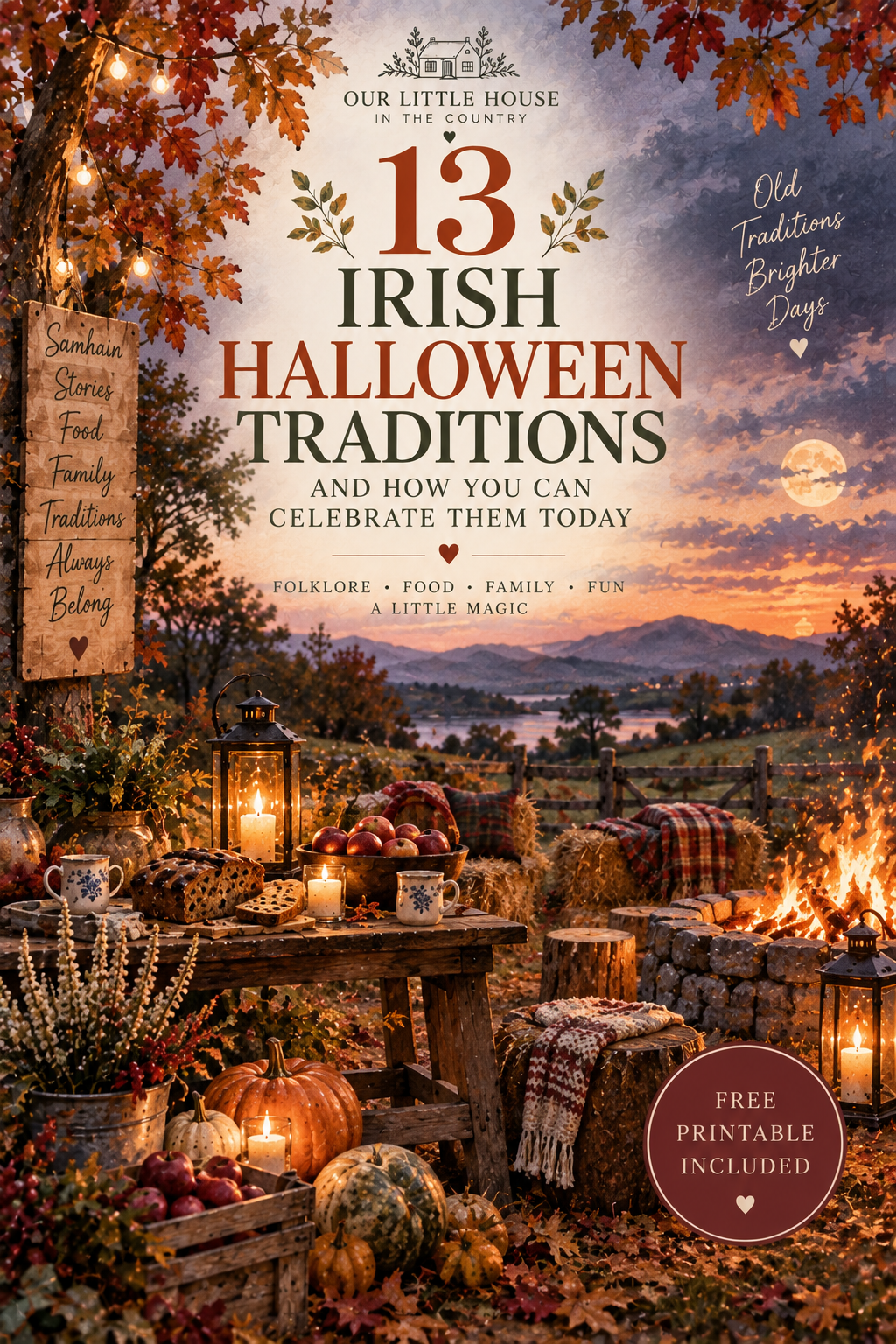 Painterly Irish countryside Halloween scene with bonfire, pumpkins and barmbrack for 13 Irish Halloween traditions.