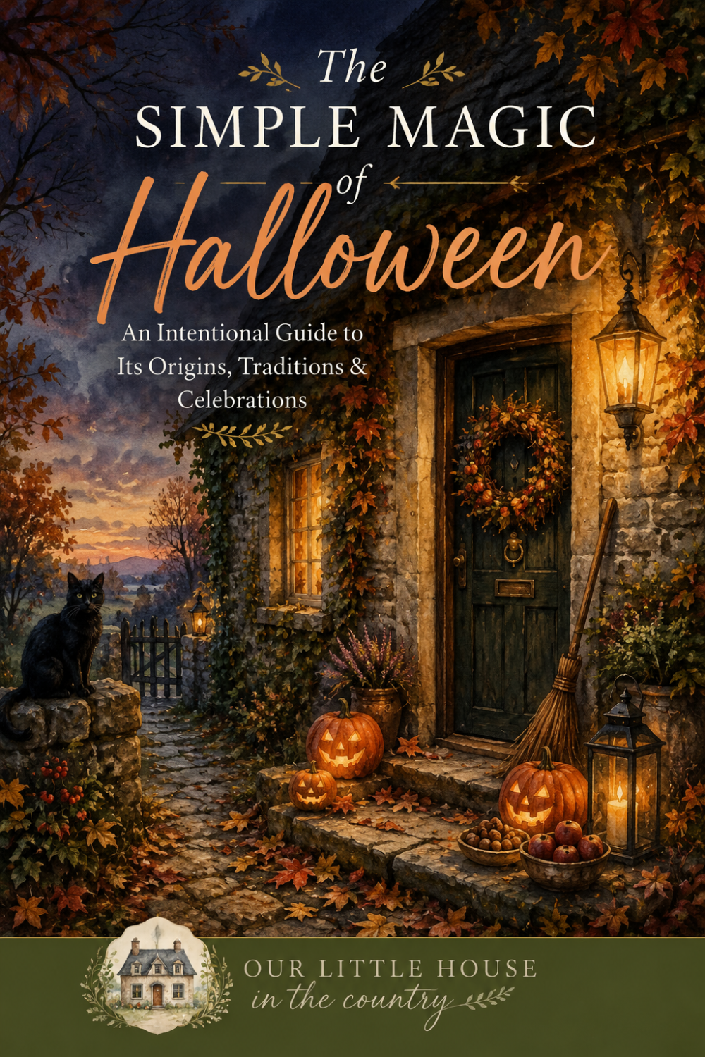 Illustrated Pinterest-style featured image for a blog post about the history, traditions and simple magic of Halloween, showing a cosy ivy-covered country cottage at dusk with glowing lanterns, carved pumpkins, autumn leaves and a black cat outside the front door.