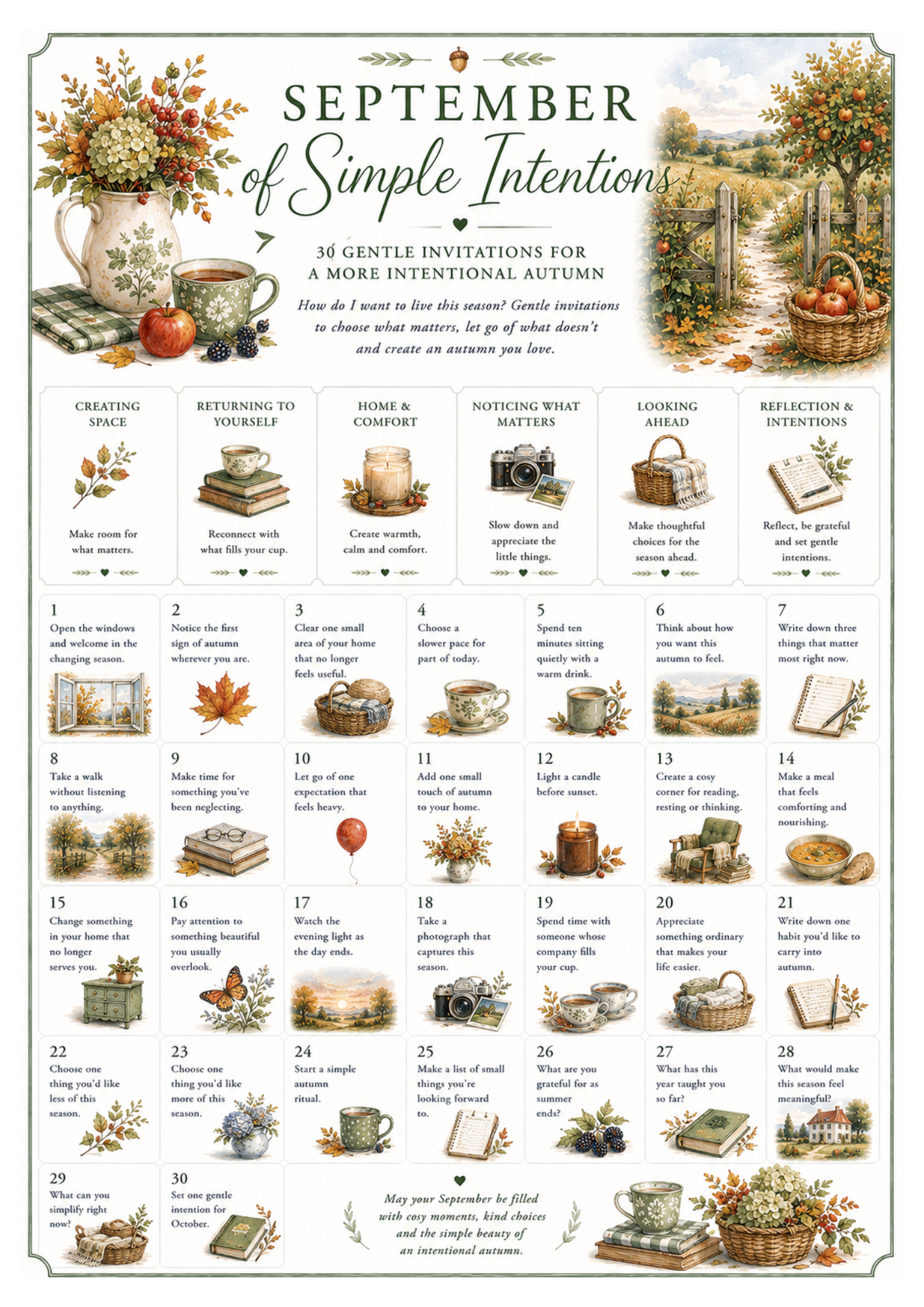 Free September calendar printable featuring 30 gentle daily prompts for slow living, seasonal mindfulness and intentional autumn living, illustrated with cosy autumn watercolour artwork.