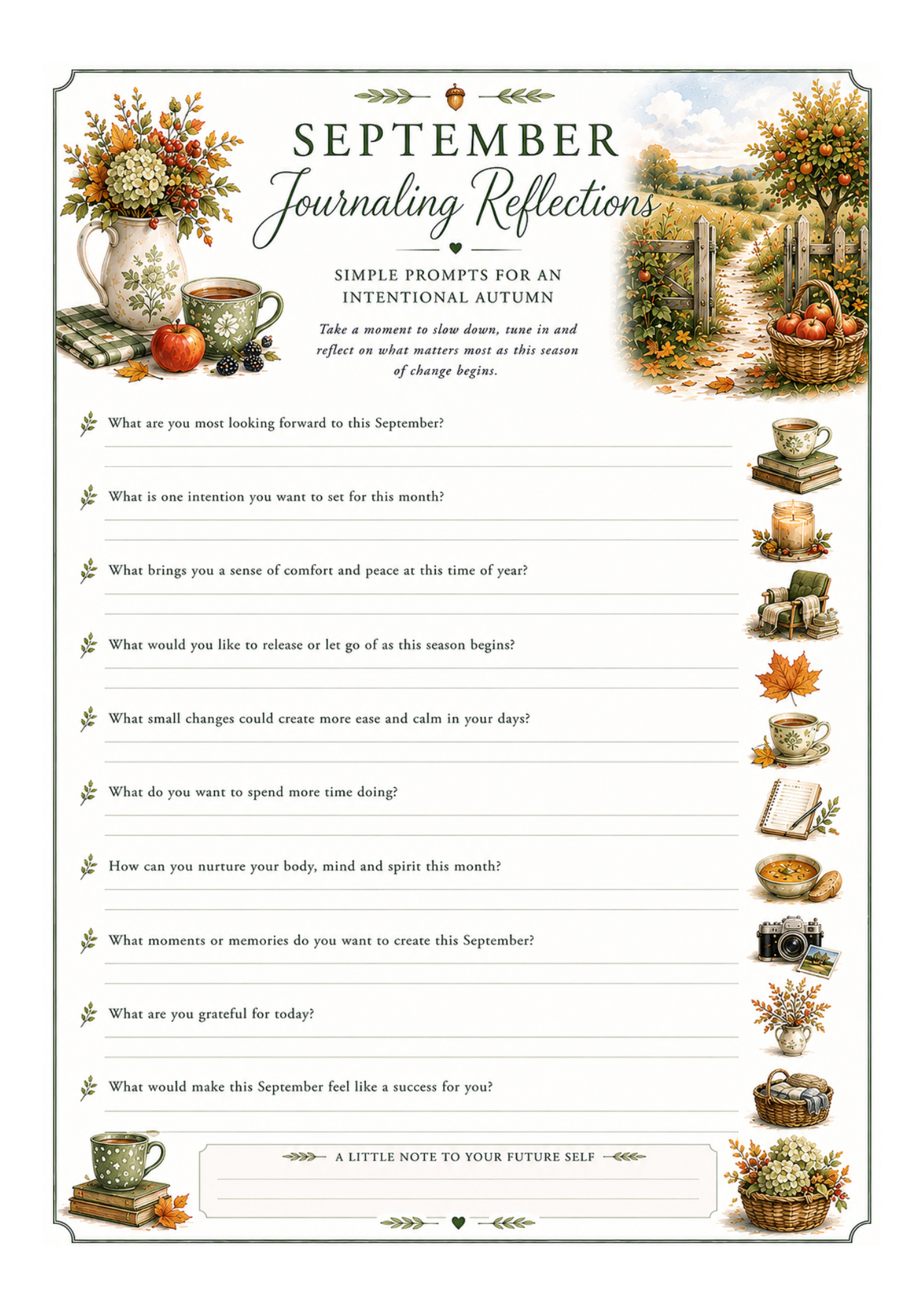 Free September journaling printable with reflective prompts for intentional autumn living, gratitude, seasonal mindfulness and personal reflection, illustrated in a cosy watercolour style.