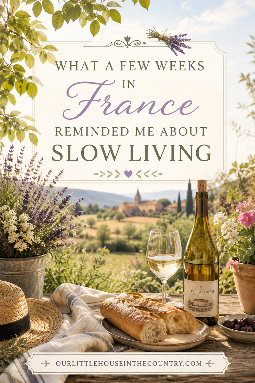 What a Few Weeks in France Reminded Me About Slow Living blog post featured image showing a French countryside scene with baguettes, wine, lavender, summer flowers and a peaceful rural landscape.