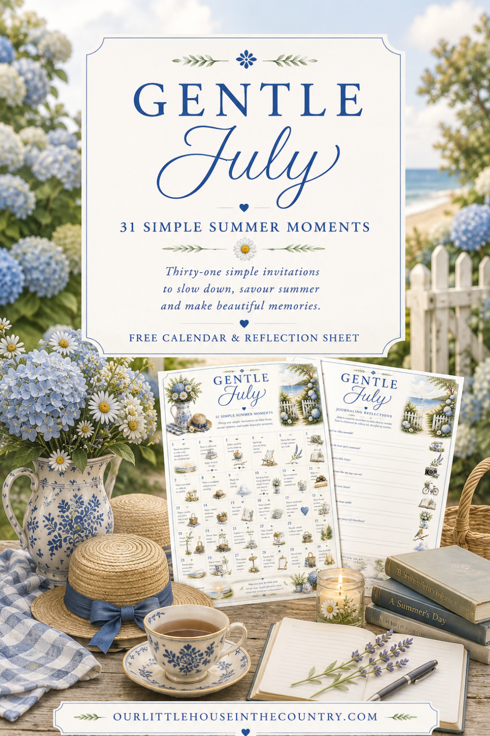 Gentle July Calendar printable featuring 31 simple summer moments, seasonal prompts, summer reflections, nature-inspired illustrations, and slow living inspiration for July.