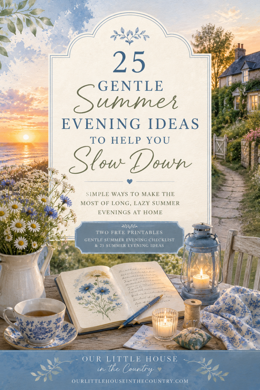 Illustrated summer evening featured image showing a peaceful country garden at sunset with tea, lantern, notebook and flowers promoting 25 Gentle Summer Evening Ideas to Help You Slow Down from Our Little House in the Country.