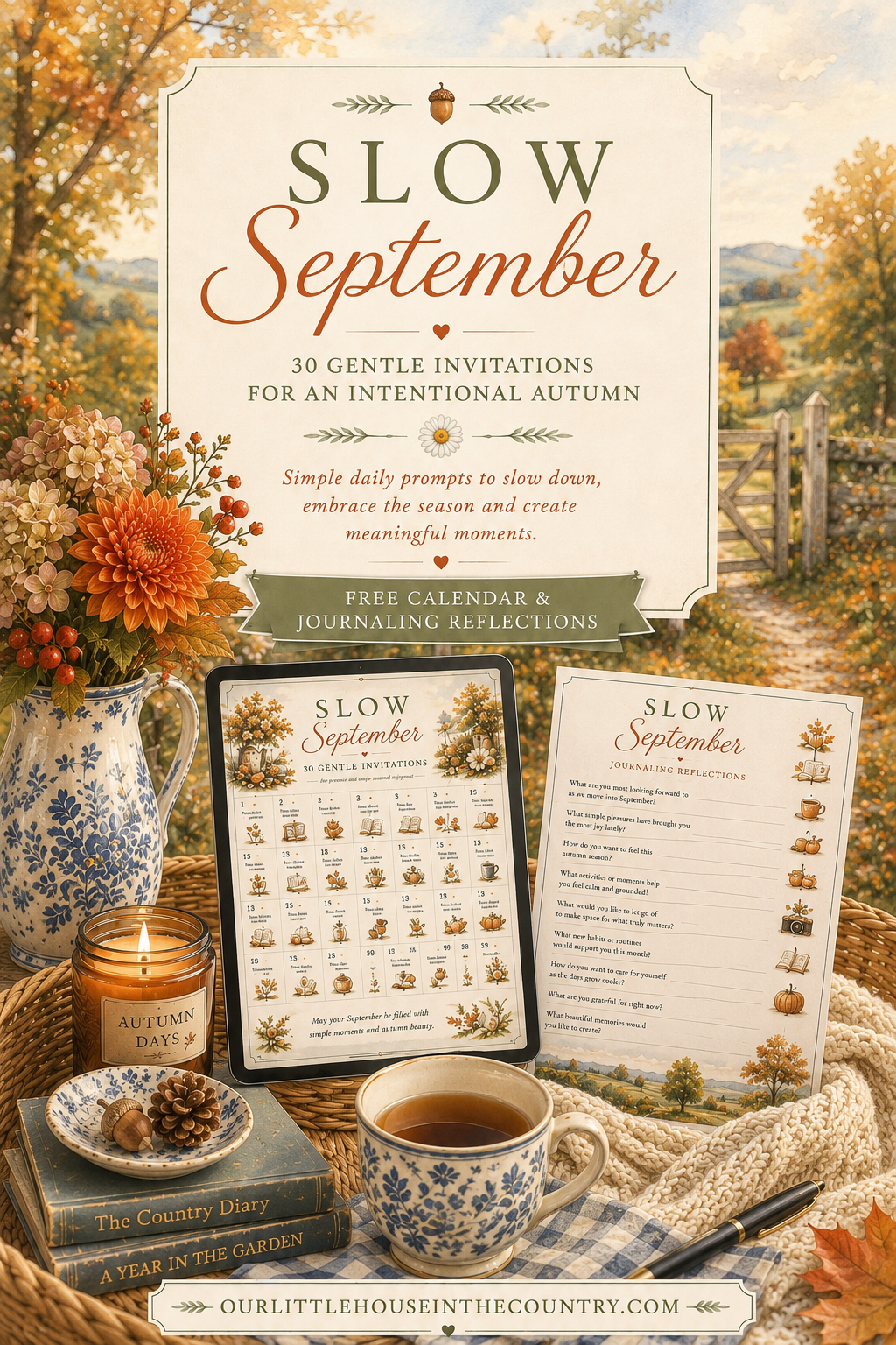 Illustrated September-themed featured image showing the Slow September Calendar and Journaling Reflections printables displayed on an iPad and printed sheet, surrounded by blue-and-white pottery, autumn flowers, a cosy cup of tea and a peaceful countryside landscape.
