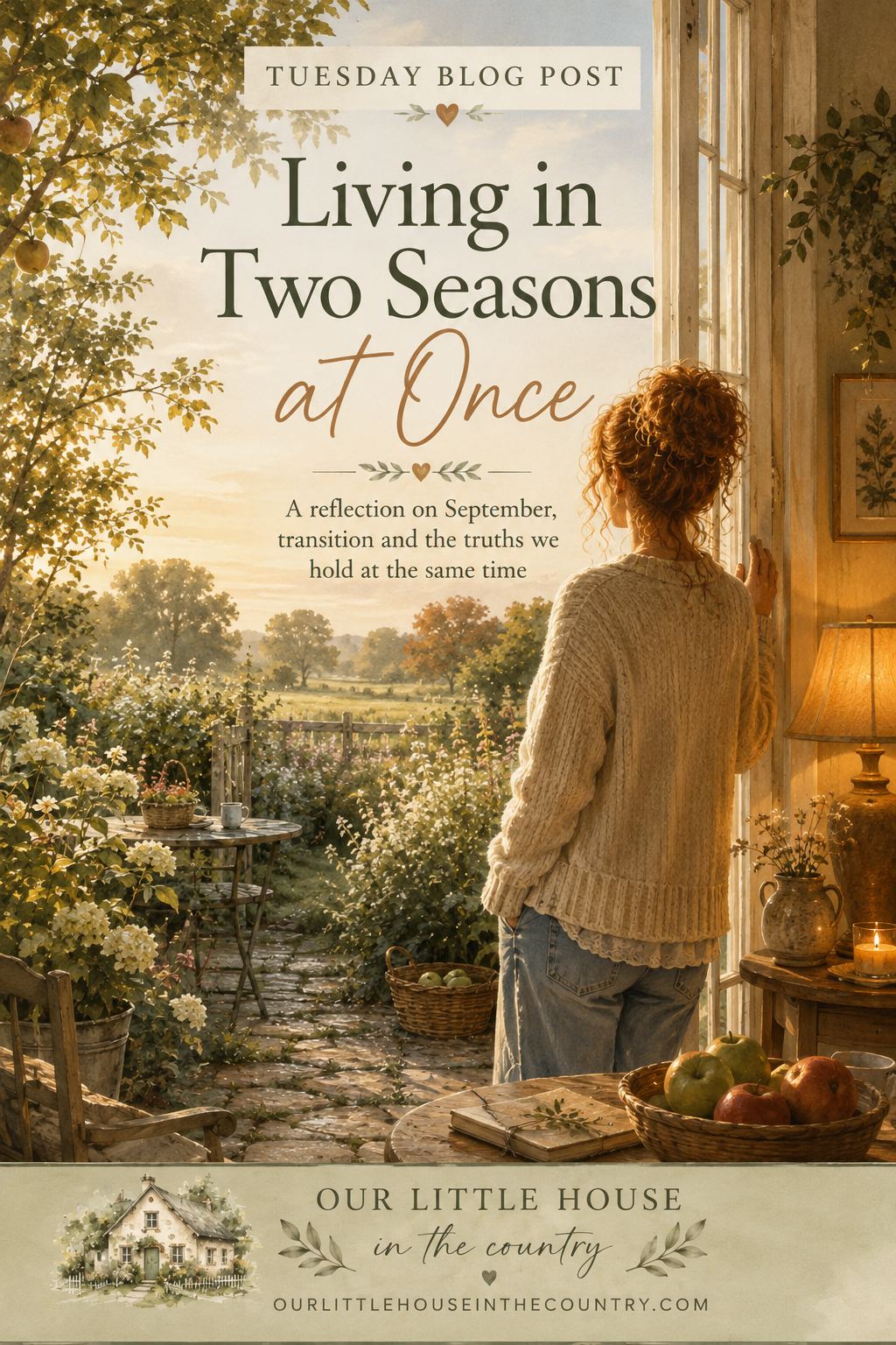 Painterly early September scene for Living in Two Seasons at Once, showing an auburn-haired woman standing at open cottage doors between a warm, lamplit home and a late-summer garden beginning to turn towards autumn.