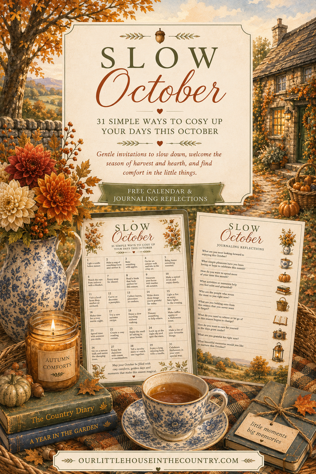 Painterly autumn scene featuring the free Slow October calendar and journaling reflections surrounded by autumn flowers, pumpkins, tea and a cosy country cottage.