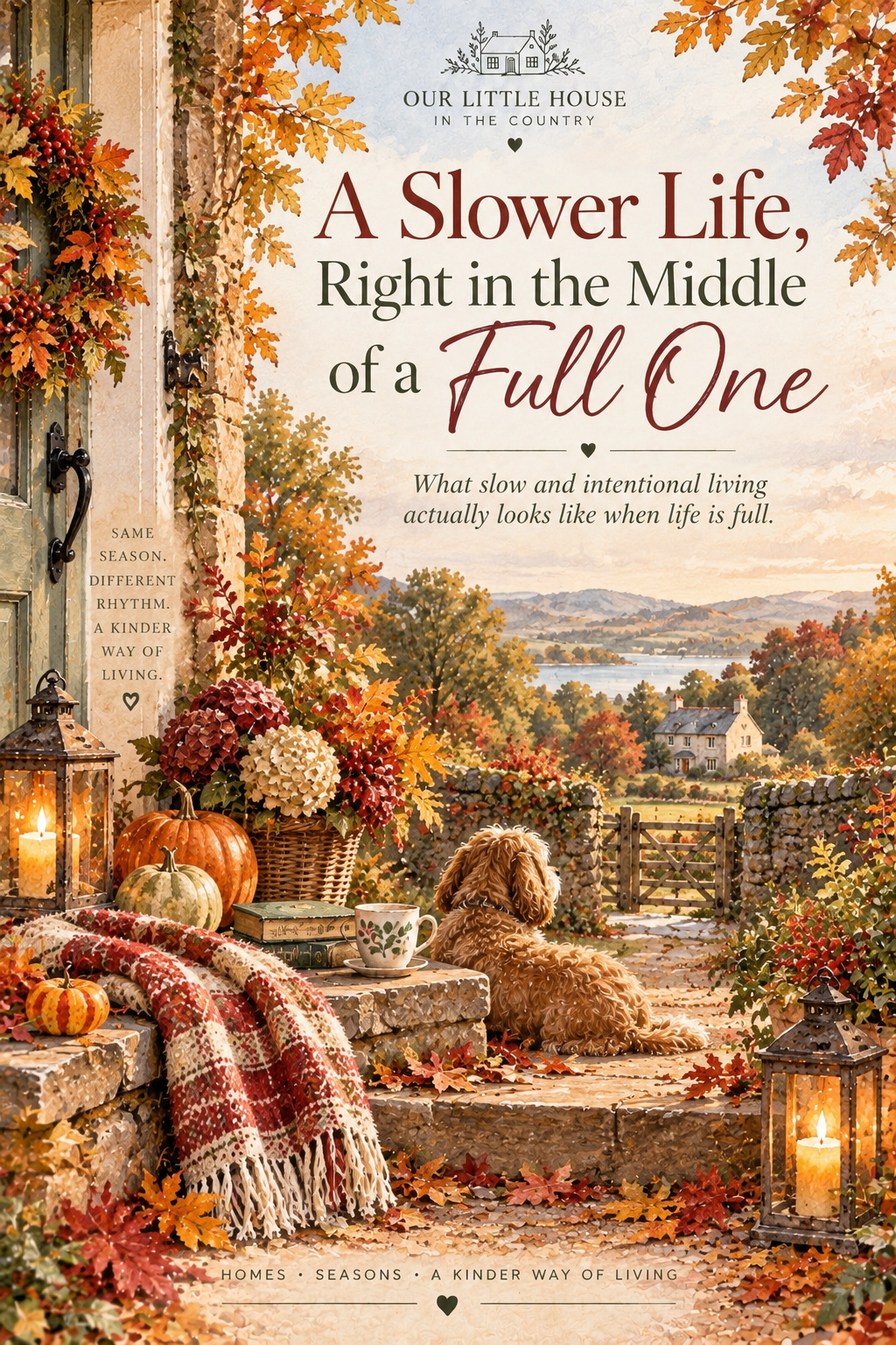 Autumn country scene with a dog, pumpkins, fallen leaves and lanterns for A Slower Life, Right in the Middle of a Full One.