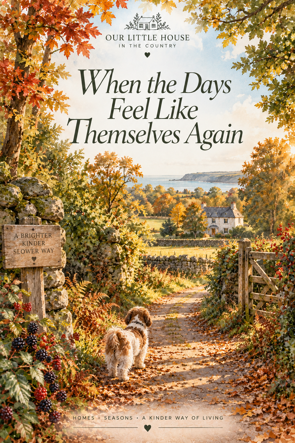 Painterly early autumn country path with golden leaves, hedgerows, blackberries and a cottage by the sea, illustrating the gentle return to autumn rhythms.