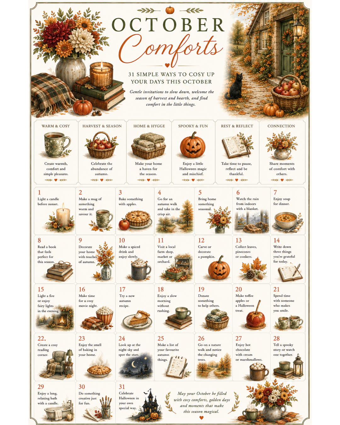 Painterly autumn scene featuring the free Slow October calendar and journaling reflections surrounded by autumn flowers, pumpkins, tea and a cosy country cottage.