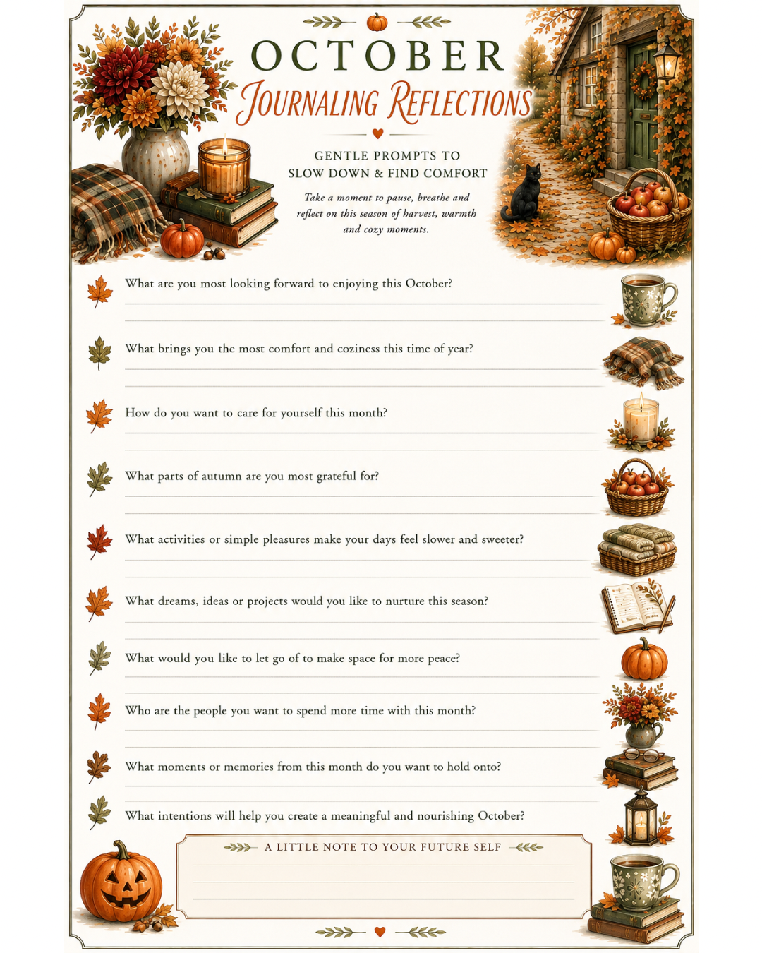 Painterly autumn scene featuring the free Slow October calendar and journaling reflections surrounded by autumn flowers, pumpkins, tea and a cosy country cottage.