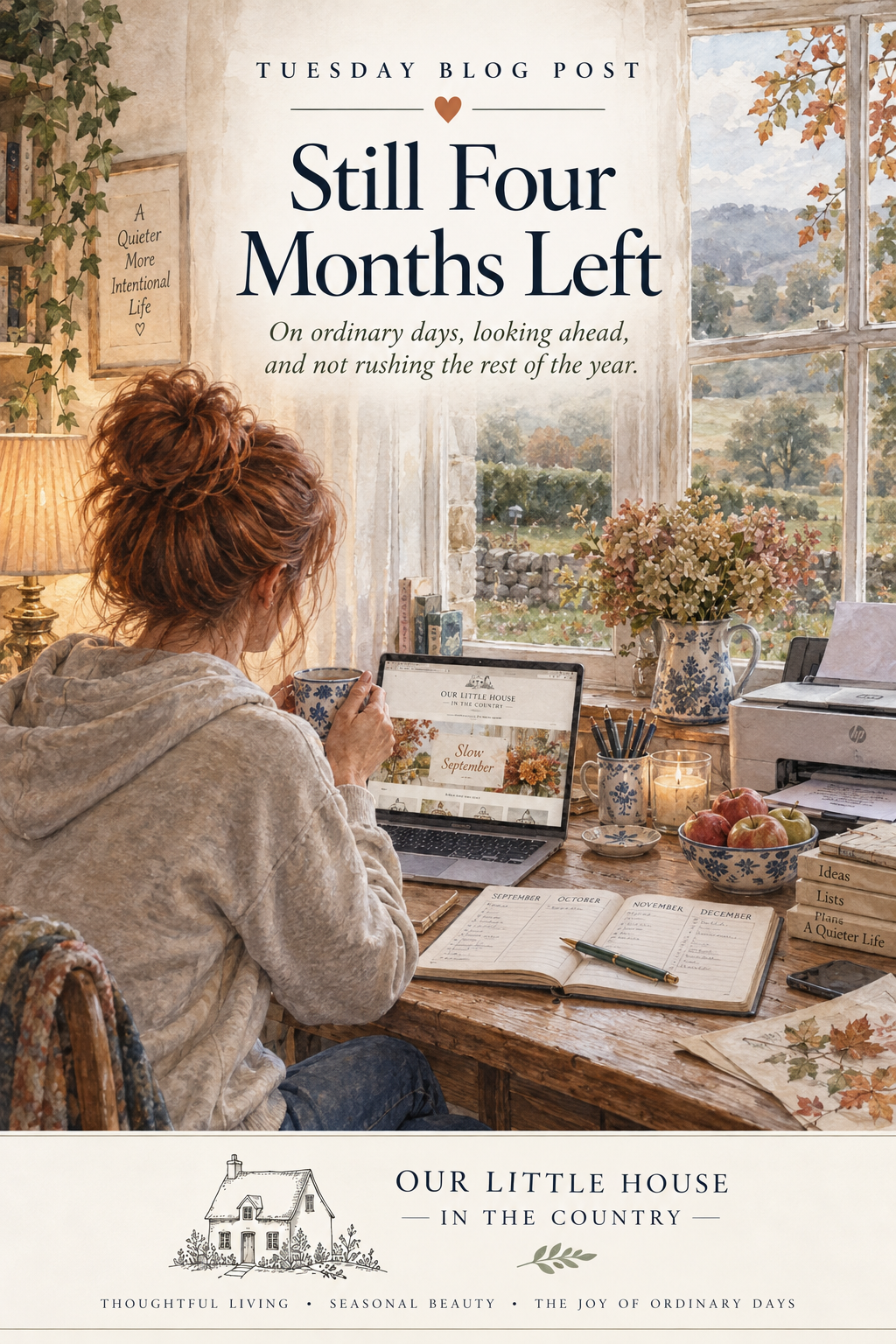 Woman writing at a country cottage desk on an early September morning for the essay Still Four Months Left