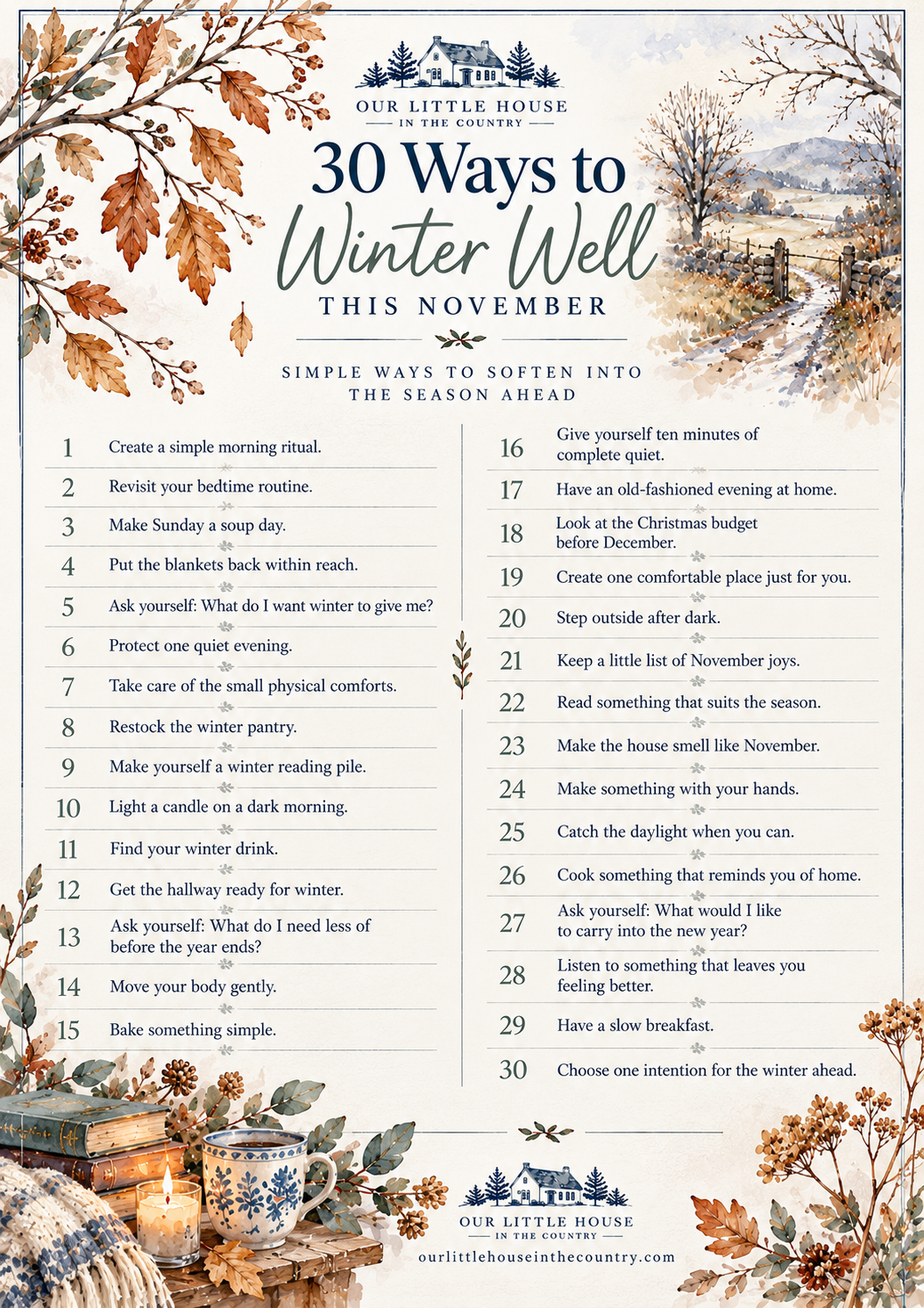 Free printable list of 30 ways to winter well this November with simple seasonal ideas for rest, home, comfort and intentional living.
