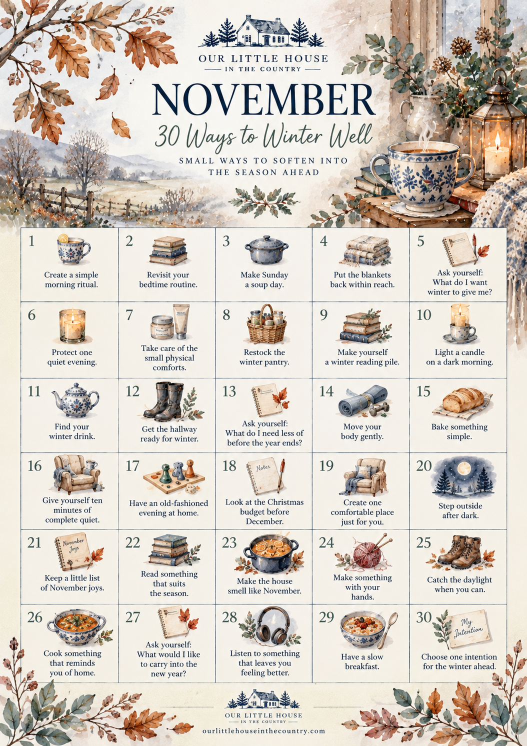 Free illustrated November calendar with 30 simple ways to winter well, featuring gentle seasonal prompts and watercolour autumn-to-winter artwork.