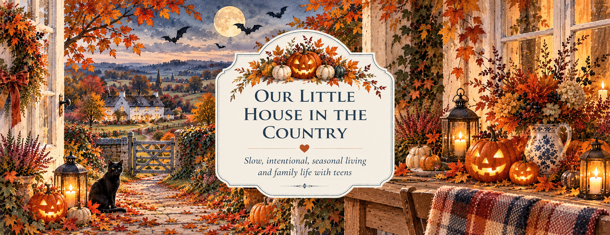 Watercolour Halloween countryside scene with glowing cottage windows, carved jack-o'-lanterns, a black cat, bats, autumn foliage and Our Little House in the Country branding.