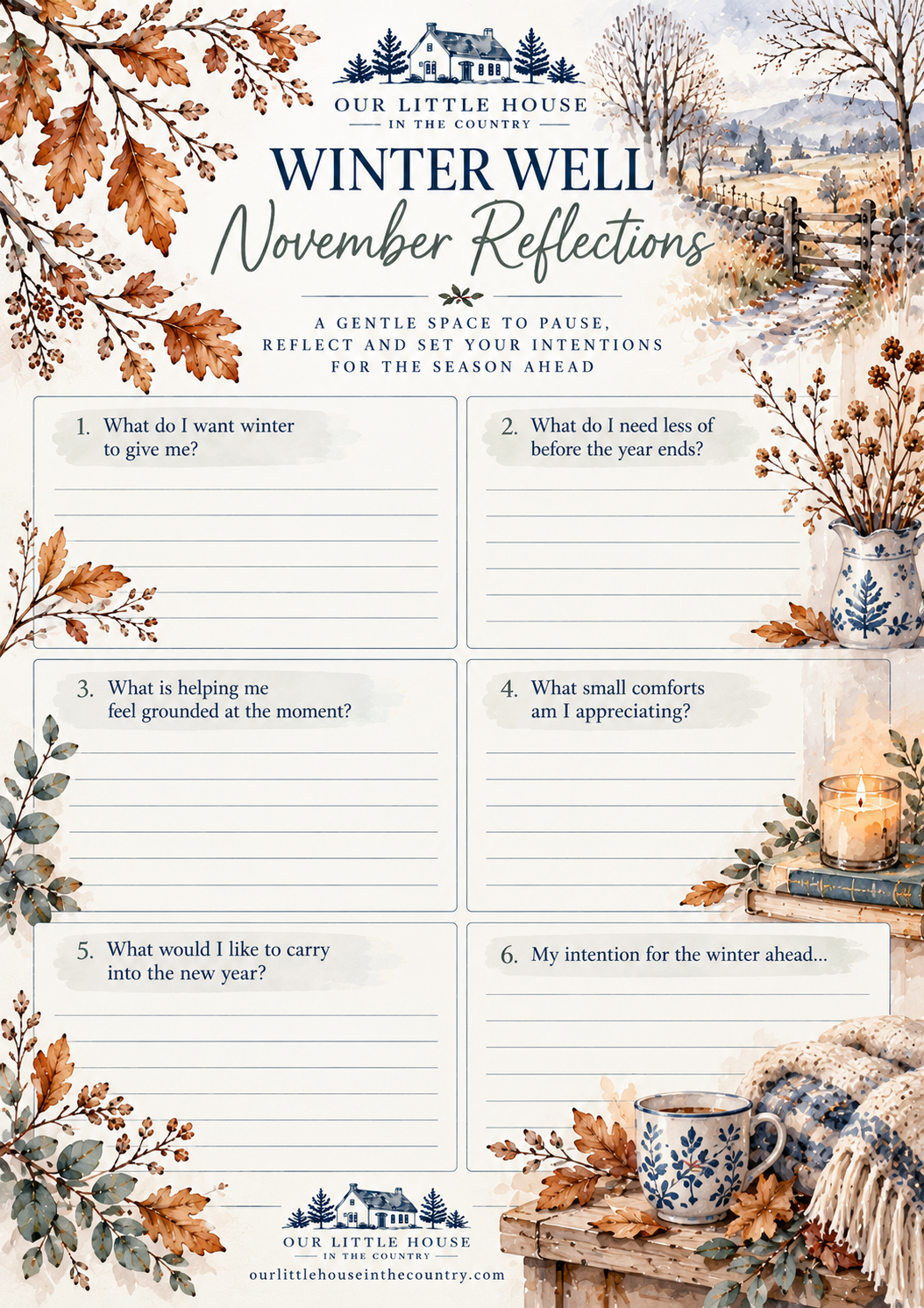 Free November reflection sheet with six gentle journaling prompts for wintering well and setting an intention for the season ahead.