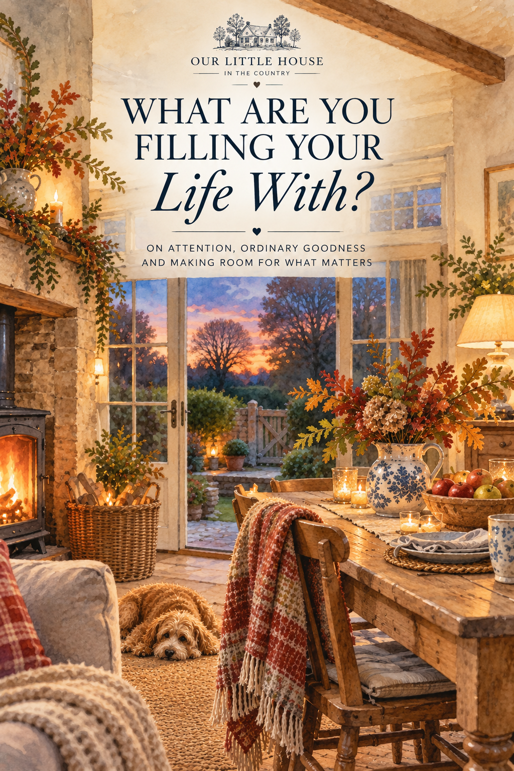 Cosy autumn evening at home with warm lamplight, a glowing fire and dining table at dusk, illustrating a reflection on living a good life.